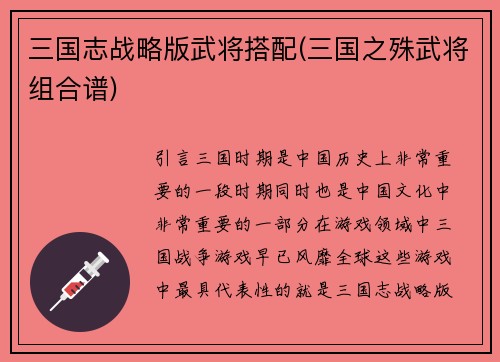 三国志战略版武将搭配(三国之殊武将组合谱)